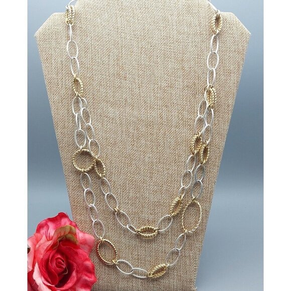 Talbot's Chunky Chain Double Strand Two Tone Statement Necklace Smooth Twisted - Picture 1 of 9